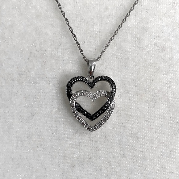Black and White Diamond Double Heart Sterling Silver Pendant Necklace - Picture 1 of 7